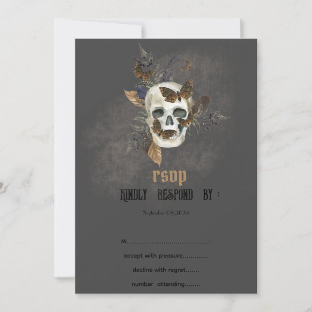 Invitación de boda de mariposas de cráneo floral g (Anverso)