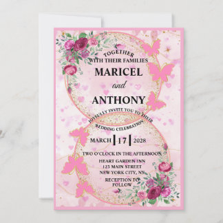 Invitación de boda de mariposas rosadas