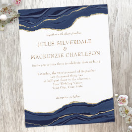 Invitación de boda de mármol ágata azul marino con