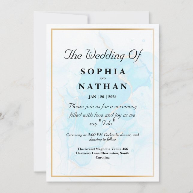 Invitación de boda de mármol azul claro elegante (Anverso)
