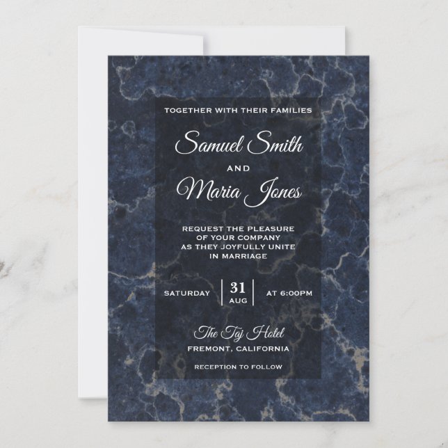 Invitación de Boda de Mármol Azul Oscuro Elegante (Anverso)
