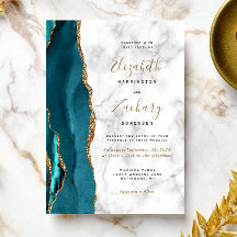 Invitación de boda de mármol de ágata dorada y azu