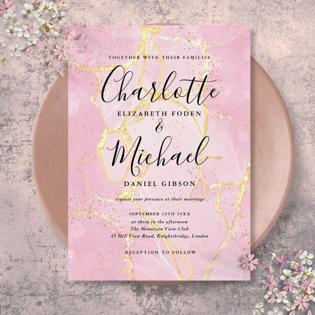 Invitación de Boda de Mármol de Ágata Rosa y Oro c (Signature Script Pink Gold Agate Marble Wedding Invitation)