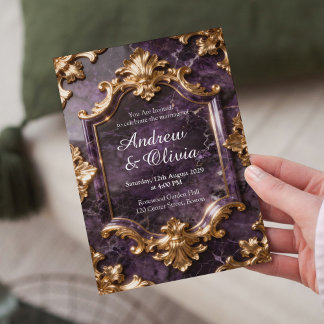 Invitación de Boda de Mármol de Oro Púrpura