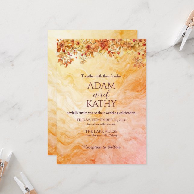 Invitación de boda de mármol de otoño cálido (Anverso/Reverso In Situ)