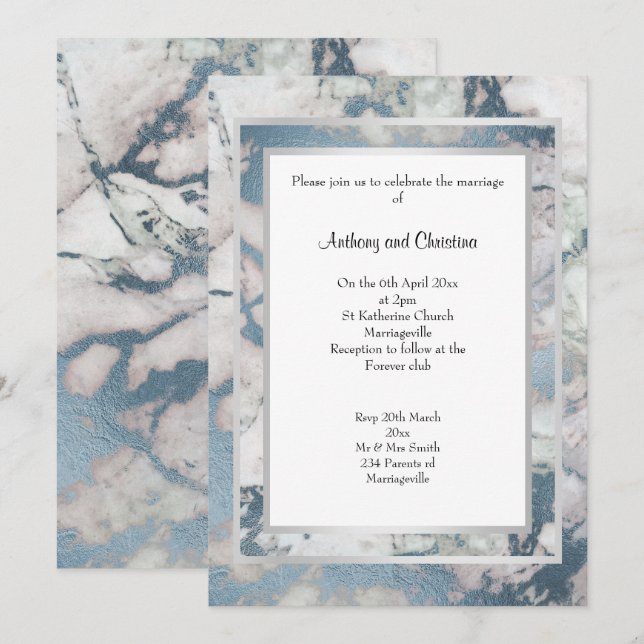 INVITACIÓN DE BODA DE MÁRMOL DE PLATA AZUL LUXE NA (Anverso / Reverso)