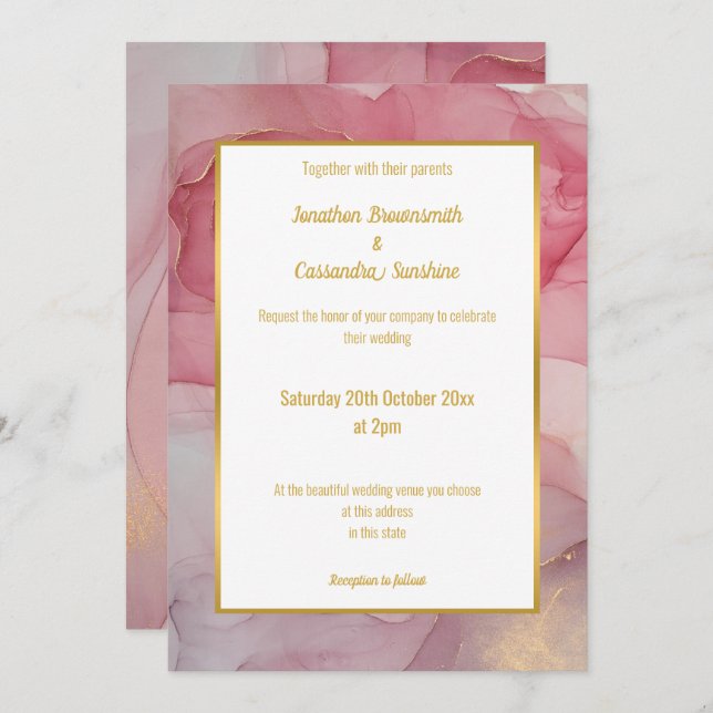 INVITACIÓN DE BODA DE MÁRMOL DE RUBOR ROSA LUXE (Anverso / Reverso)