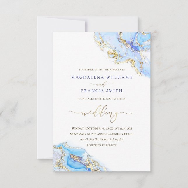 invitación de boda de mármol de tinta azul (Anverso)