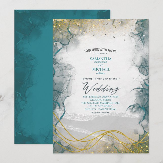 Invitación de boda de mármol dorado verde teñido (Anverso / Reverso)