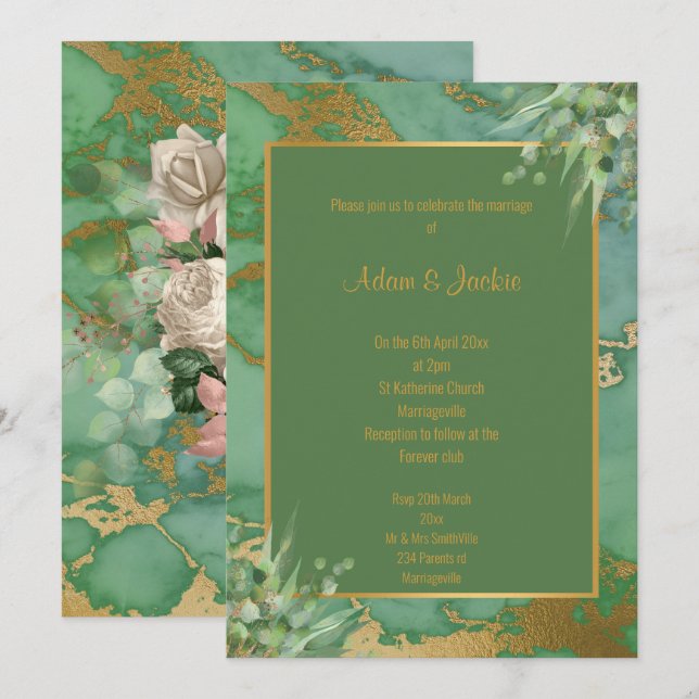 INVITACIÓN DE BODA DE MÁRMOL EUCALÍPTUS VERDE SAGE (Anverso / Reverso)
