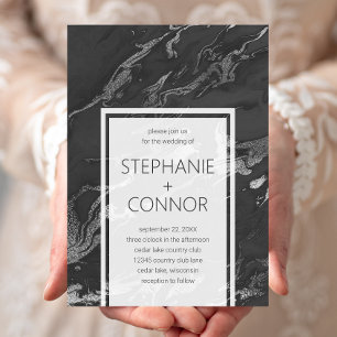 Invitación de boda de mármol gris plateado negro m
