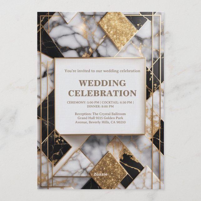 Invitación de boda de mármol negro con hoja de oro (Reverso)