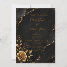Invitación de boda de mármol negro y oro de lujo