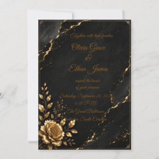 Invitación de boda de mármol negro y oro de lujo