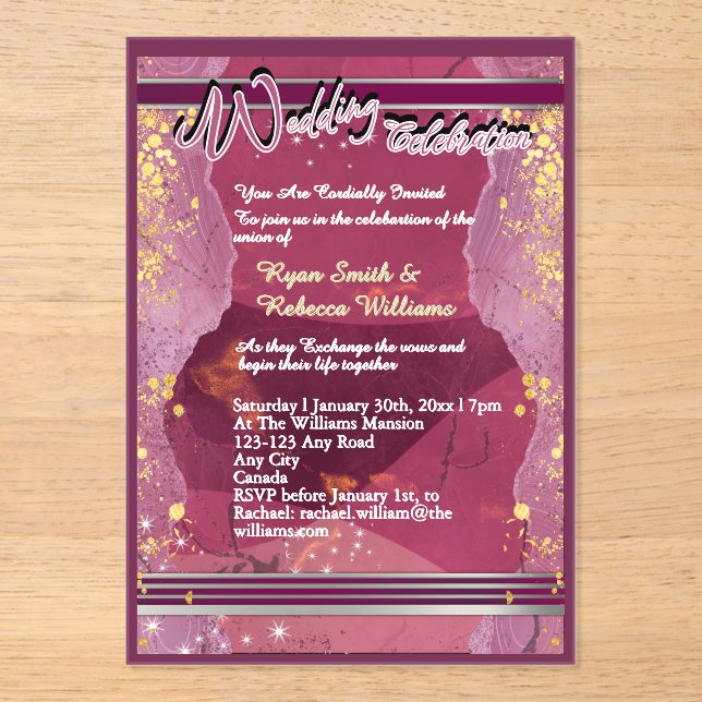Invitación de boda de mármol púrpura acrílico (Anverso)