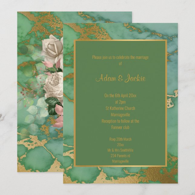 INVITACIÓN DE BODA DE MÁRMOL VERDE SAGE (Anverso / Reverso)