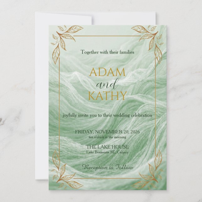 Invitación de boda de mármol verde salvia y oro (Anverso)