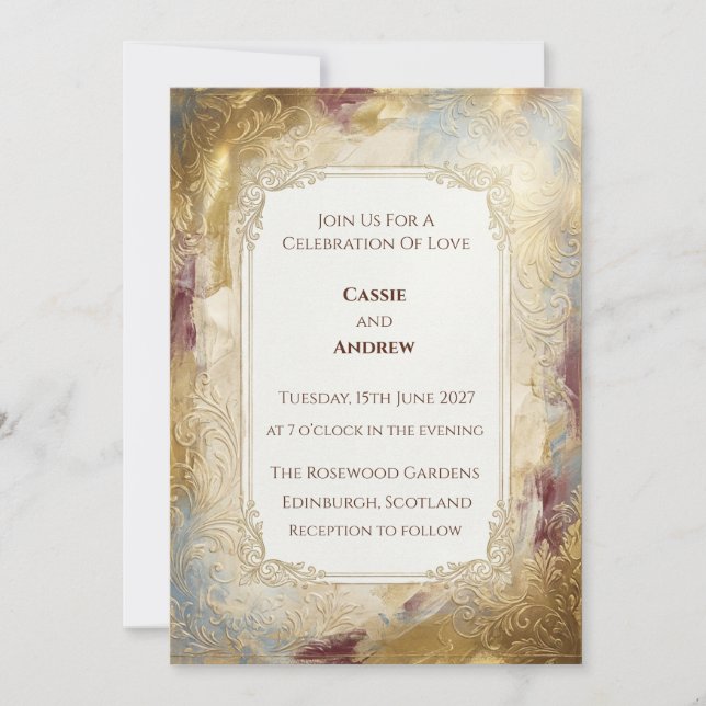 Invitación de boda de mármol vintage dorado (Anverso)