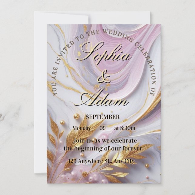 Invitación de Boda de Mármol y Oro Elegante (Anverso)