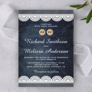 Invitación de boda de mezclilla azul con encaje bl