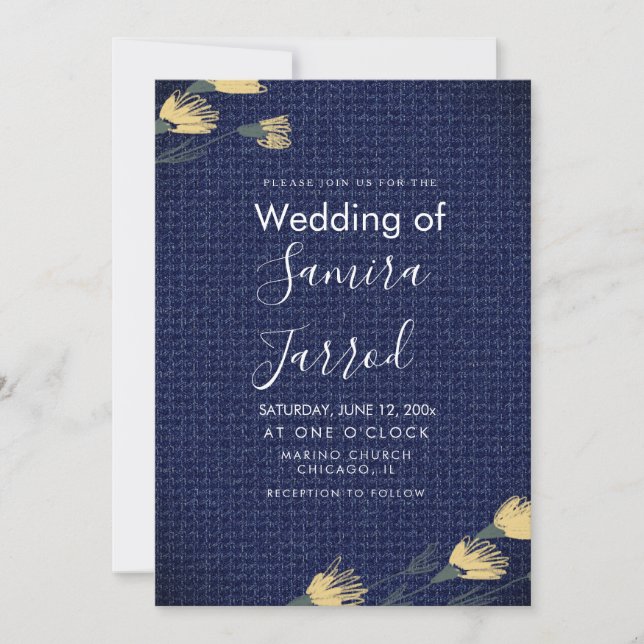 Invitación de boda de mezclilla informal y flores  (Anverso)