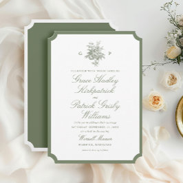 Invitación de boda de monograma verde salvia clási