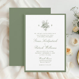 Invitación de boda de monograma verde salvia clási