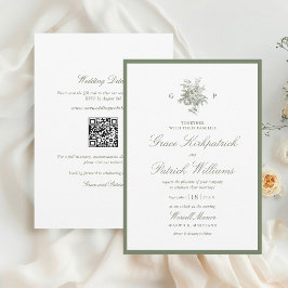 Invitación de boda de monograma verde salvia clási