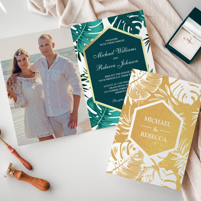 Invitación de boda de Monstera verde teal con pape (Subido por el creador)