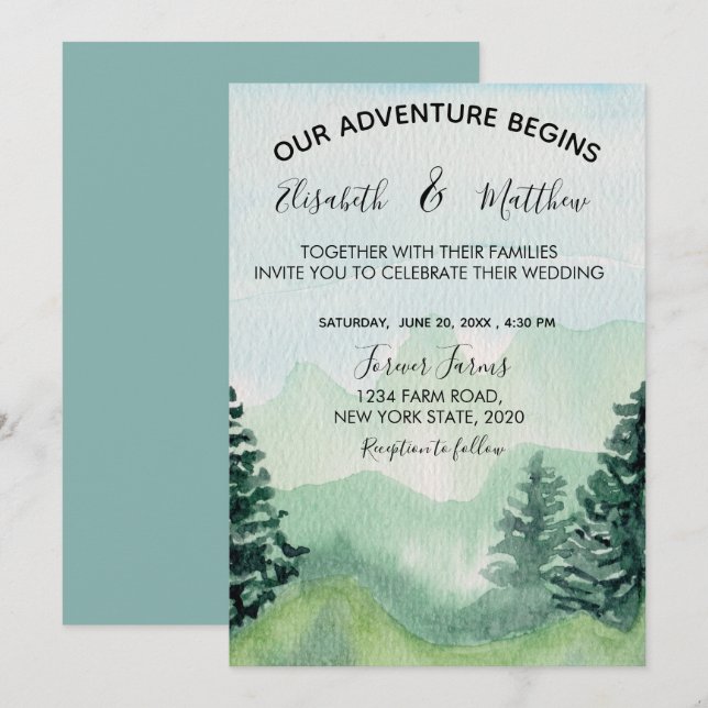 Invitación de boda de montaña al acuarela (Anverso / Reverso)