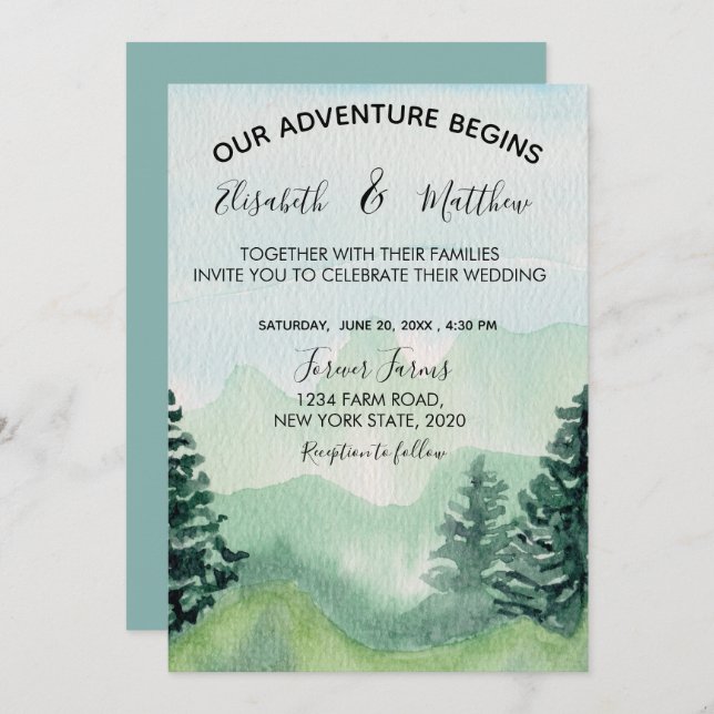 Invitación de boda de montaña con acuarela (Anverso / Reverso)