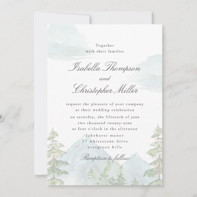 Invitación de boda de montaña forestal con acuarel (Anverso)