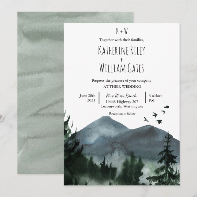 Invitación de boda de montaña forestal rústica (Anverso / Reverso)