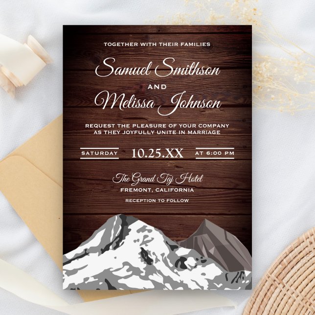 Invitación de boda de montañas nevadas de madera r (Subido por el creador)