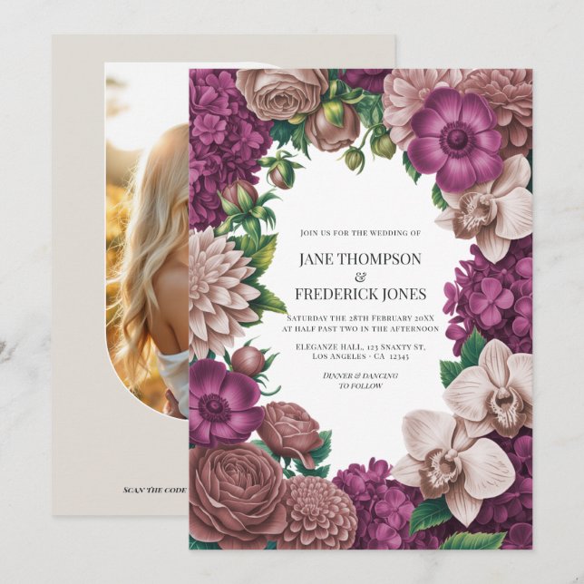 Invitación de boda de mora, arcilla malva y higo s (Anverso / Reverso)