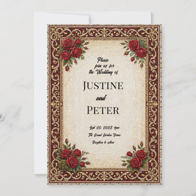 Invitación de boda de mosaico de rosa roja de lujo (Anverso)