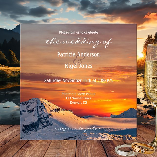 Invitación de boda de Mountain View al atardecer (Scenic wedding invitation featuring a sunset on snow capped mountains)