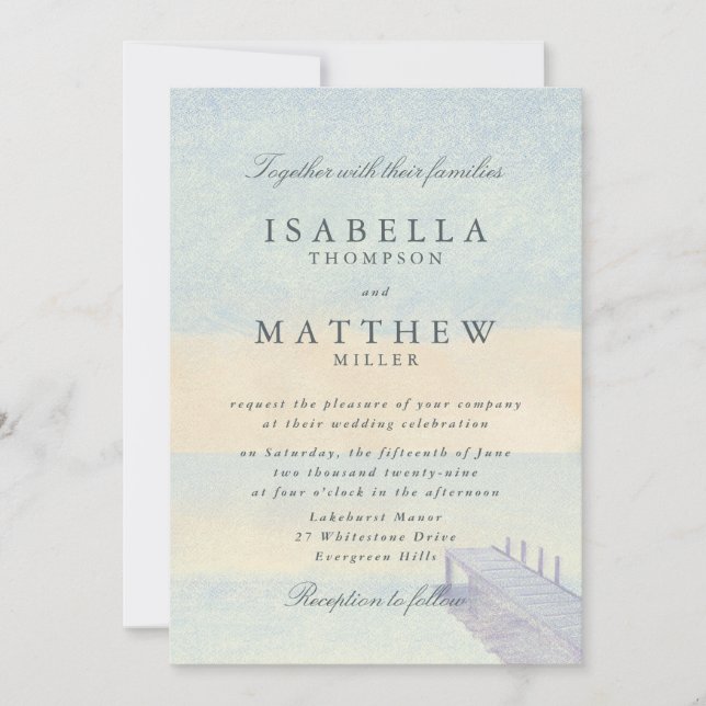 Invitación de boda de muelle junto al mar con acua (Anverso)