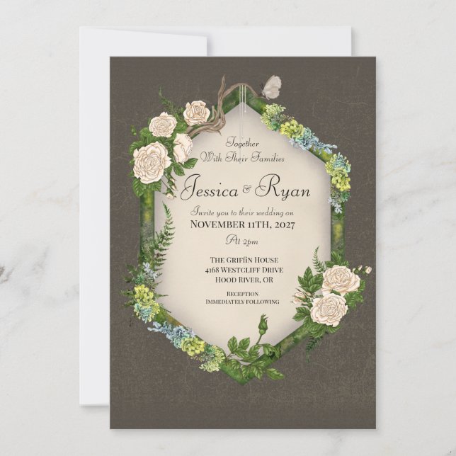 Invitación de boda de musgo y rosas rústicas terro (Anverso)