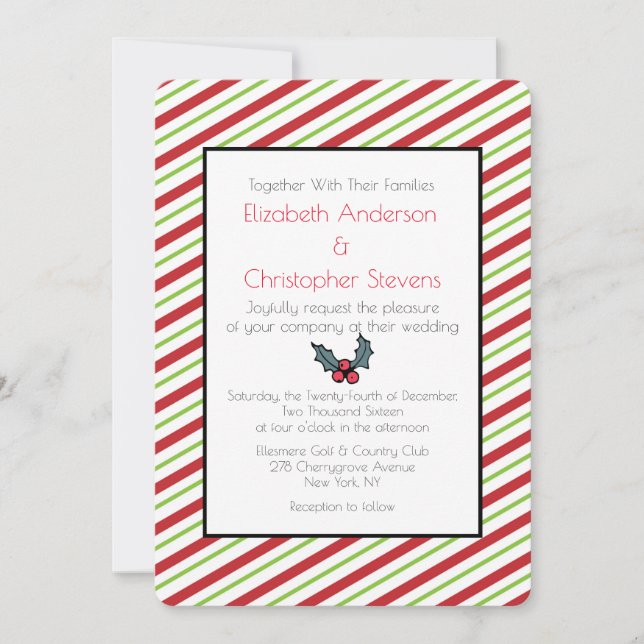 Invitación de boda de Navidad a rayas rojas y verd (Anverso)