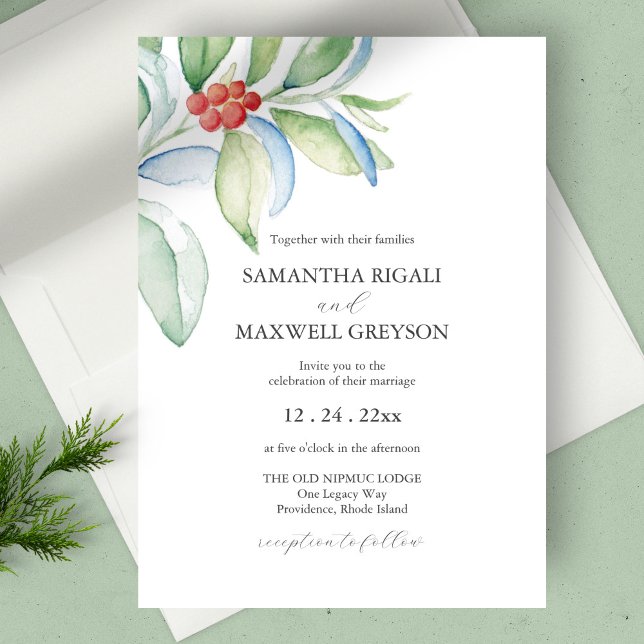 Invitación de boda de Navidad con acuarela de foll (Christmas wedding invitation botanical berries unique watercolor art by Victoria Grigaliunas)