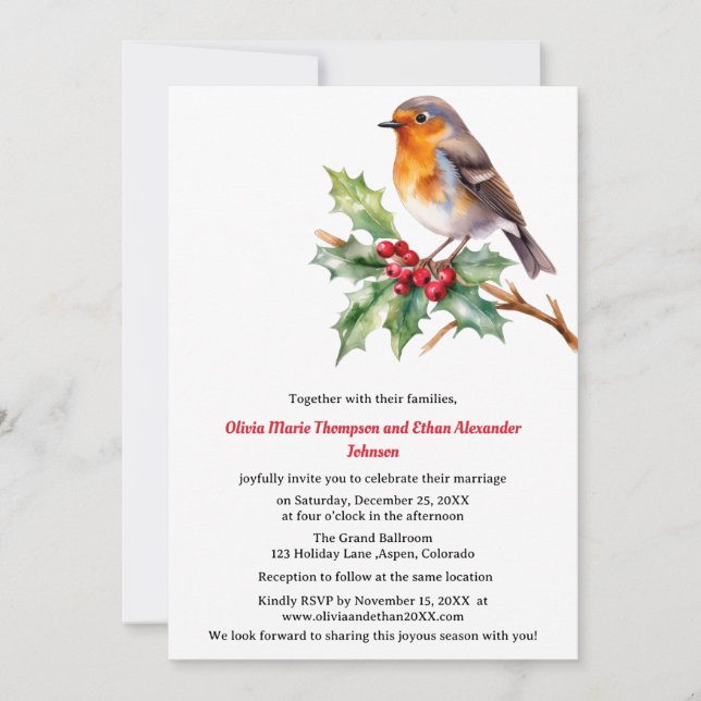 Invitación de boda de Navidad con petirrojo acuare (Anverso)