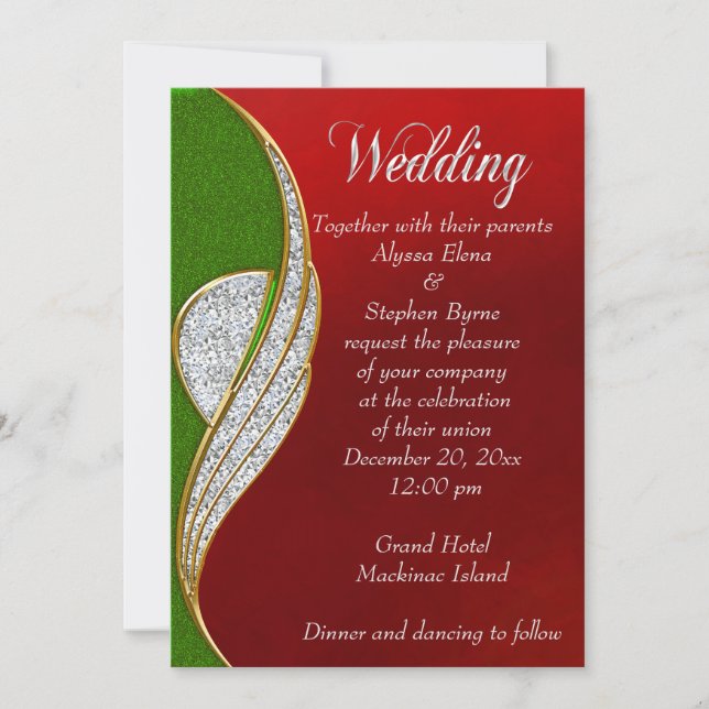 Invitación de boda de Navidad roja, plateada (Anverso)