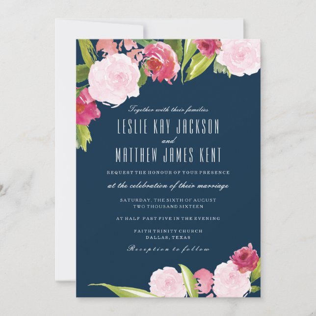 INVITACIÓN DE BODA DE NAVY Y PINK CON FLORES (Anverso)
