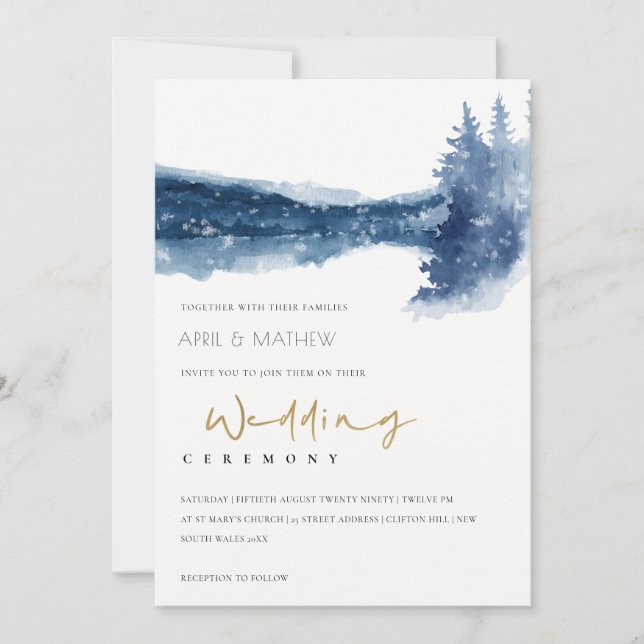 INVITACIÓN DE BODA DE NIEVE DE LAGO DE MONTAÑA AZU (Anverso)