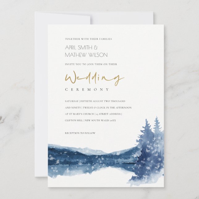 INVITACIÓN DE BODA DE NIEVE DE LAGO DE MONTAÑA AZU (Anverso)