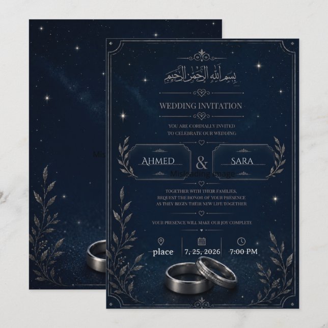 Invitación de boda de noche estrellada azul marino (Anverso / Reverso)