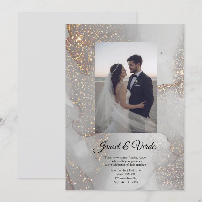 Invitación de boda de novia y novio con brillo pla (Anverso / Reverso)