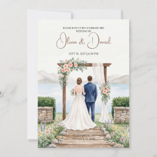 Invitación de boda de novio novia junto al lago