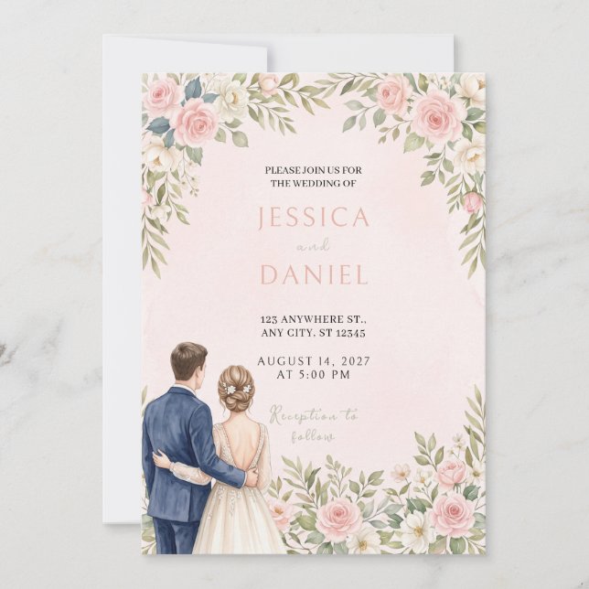 Invitación de boda de novios florales (Anverso)